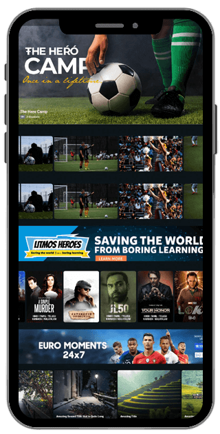 Mobile interface of a VOD platform displaying a sports event banner featuring an exciting carousel of event highlights and also displaying categories for movies and other contents.